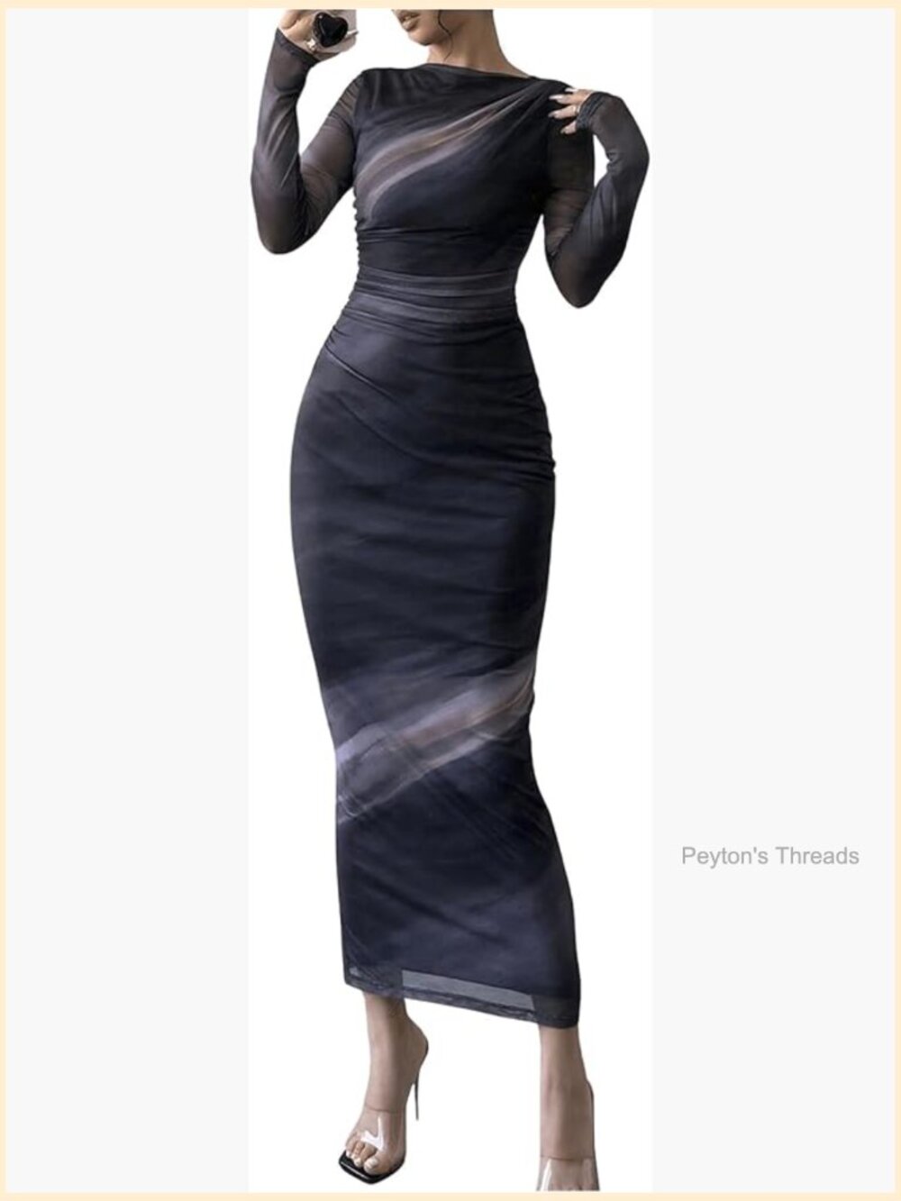 Tie Dye Boat Neck Long Sleeve Ruched Bodycon Maxi Dress - Picture 1 of 5
